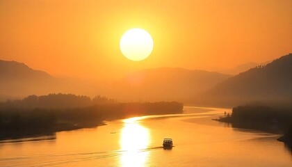 A serene sunrise scene featuring a large sun illuminating a winding river, with a small boat gently floating, surrounded by a landscape of foggy mountains creating a peaceful atmosphere