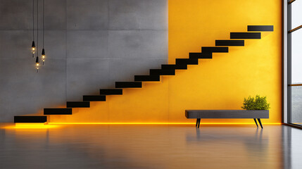 Modern Interior Design with Yellow Wall  Black Stairs