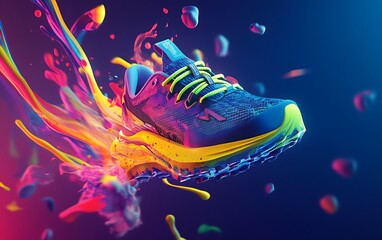 Dynamic Neon Sneakers Advertisement Floating in Mid-Air with Vibrant Motion Effects