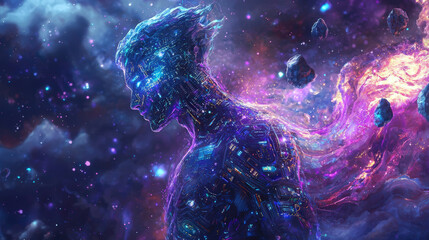 A glowing AI warrior stands amidst cosmic backdrop, his form intricately designed with luminous circuitry and vibrant colors, evoking sense of wonder and futuristic power