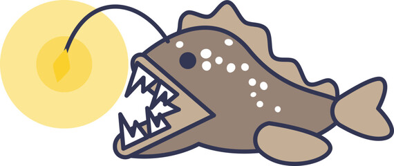 Cartoon anglerfish with bioluminescent lure and sharp teeth, representing deep-sea predation.