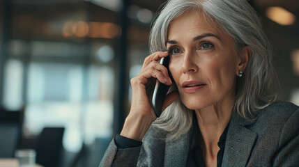 An older businesswoman with silver hair is engaged in phone conversation, showcasing focused and professional demeanor in modern office setting