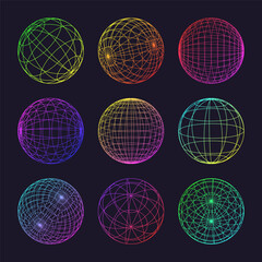 Neon wireframe shapes, lined sphere. Perspective mesh, 3d grid. Low poly geometric elements. Retro futuristic design elements, y2k, vaporwave and synthwave style. Vector illustration