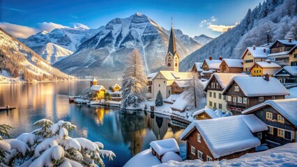 whimsical winter wonderland german village snow-covered rooftops ancient church steeples frozen lake serene majestic mountainscape powder snow peaceful stillness