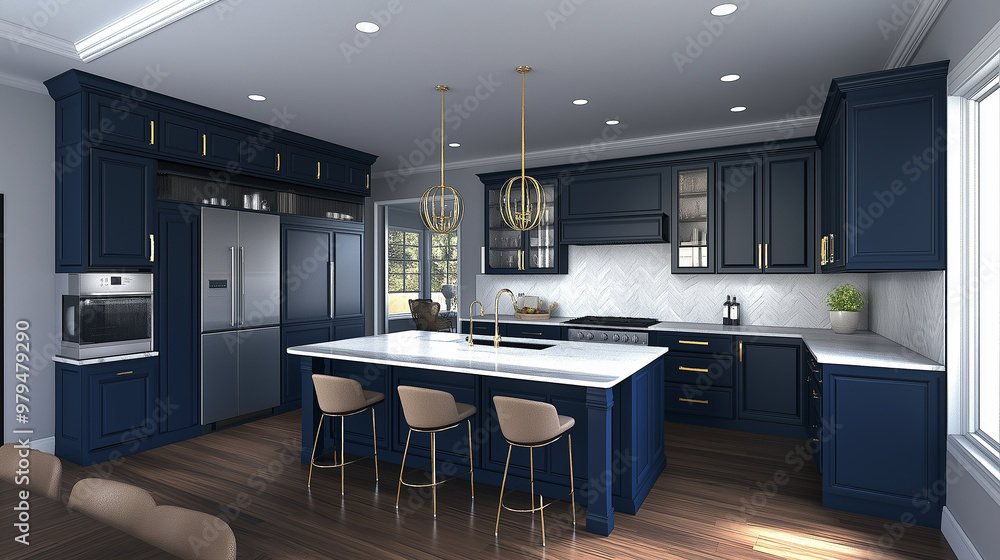 Modern navy blue kitchen with island featuring gold accents Stock Photo ...