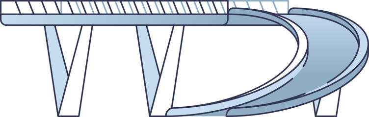 Illustration of a highway ramp and bridge side view, showing structural supports and curved ramp design.