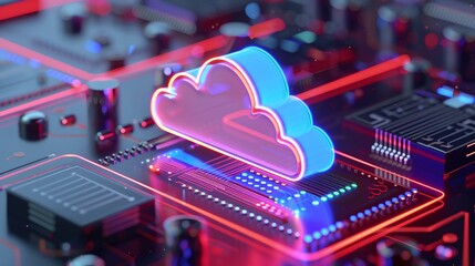 Sticker - A vibrant 3D cloud icon illuminated with neon colors, set against a futuristic circuit board background, representing digital technology.