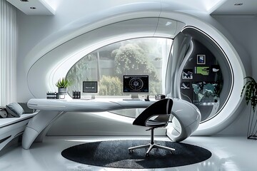 Modern office interior with futuristic design and large window overlooking greenery.