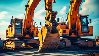 Poster - Vibrant double exposure silhouette of heavy machinery, showcasing excavators in action with a striking blend of colors and textures against a clear backdrop