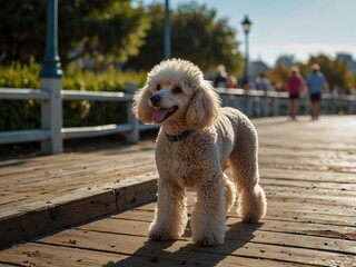 a lively poodle enjoys the park boardwalk.