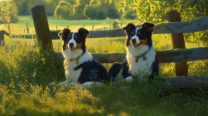 Closeup happy white border collie shepherd dogs lying in a green meadow field cute purebred canine pets, symbolizing beautiful natural rural countryside landscape, outdoor summer fun animal friendship