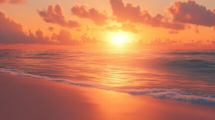 Wall Mural - A sunset casting vibrant orange light over a calm beach, with soft waves gently rolling to shore.