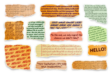 Wall Mural - ripped paper strips with handwritten text. realistic crumpled paper scraps with torn edges. shreds o