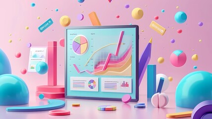illustrations of an online marketing, financial report chart, data analysis, and web development concept, tablet with data chart, Generative AI illustrations.