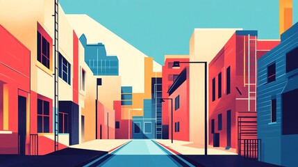 Colorful geometric city street illustration with modern buildings