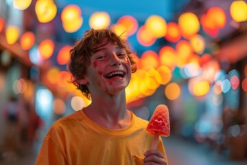 Wall Mural - Kid enjoys the creamy goodness of ice cream.  Radiant youth bright smile enjoying playful day nature. Allegory of carefree adolescence brimming natural energy.