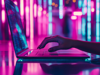 a close-up of a hand interacting with a laptop keyboard, set against a futuristic, cyberpunk backgro