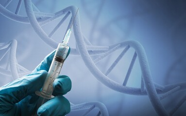 Wall Mural - scientists man with molecule of dna with gradient background.
