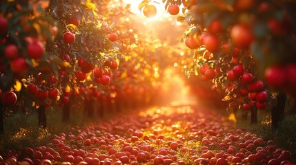 Wall Mural - Autumn Apple Orchard at Sunset