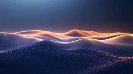 Abstract digital landscape with glowing waves and dots in futuristic design