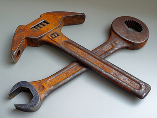 Two old rusty tools, one of which is a wrench, are laying on a grey surface. The wrench is positioned above the other tool, which appears to be a hammer. Scene is one of nostalgia