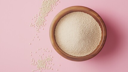 Wall Mural - Quinoa flour on brown wooden bowl and some Quinoa seeds for baking, gluten free copy space