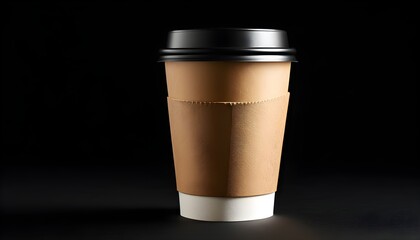 Wall Mural - Minimalist brown paper coffee cup with black lid on dark backdrop