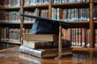 © watanu - Graduates hat on top of academic books, with a university library in the background, showcasing higher education