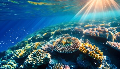 Wall Mural - Sunlit underwater paradise showcasing a vibrant coral reef bustling with marine life