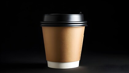 Wall Mural - Minimalist brown paper coffee cup with black lid on dark backdrop