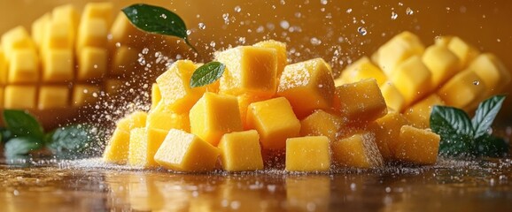 Sticker - Fresh mango cubes with mint leaves and water droplets on a wooden surface.