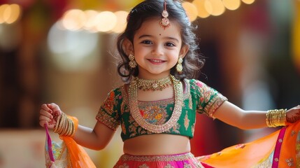 Wall Mural - Joyful Indian Child in Traditional Lehenga and Jewelry Embracing Festive Spirit with Full-Body Pose