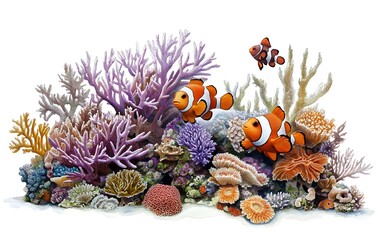 Vibrant Coral and Clownfish Symbiosis Illustration on White Background