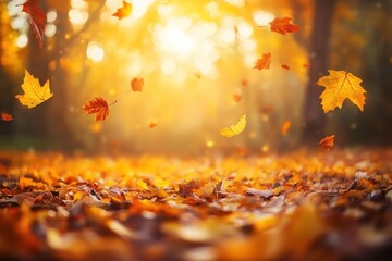 Poster - Autumn leaves falling forest background