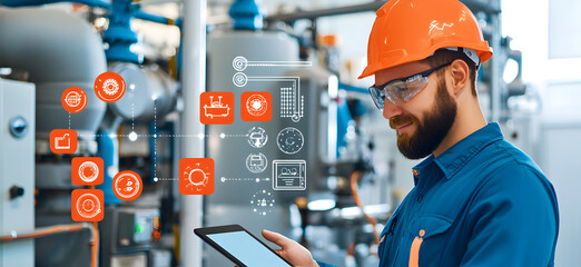 A factory worker in a helmet operating machinery in an industrial setting, using tablet to display data.