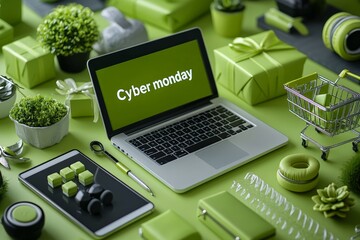 An arrangement of Cyber Monday shopping essentials in a green-themed setting, featuring a laptop, tablet, gifts, and miniature shopping cart, emphasizing online shopping deals.