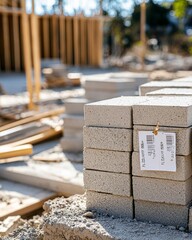Wall Mural - stack of concrete foundation blocks with price tags attached. partially constructed foundation wall 