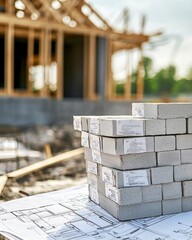 Wall Mural - stack of concrete foundation blocks with price tags attached. partially constructed foundation wall 