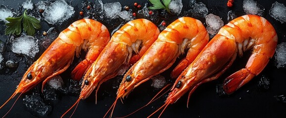 Wall Mural - Fresh shrimp on ice, ready for culinary preparation or seafood dishes.