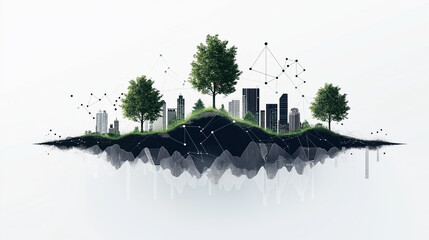 Wall Mural - A vector graphic design featuring an intricate network of lines and nodes forming the shape of mountainous terrain, with green trees on top and small buildings inside.