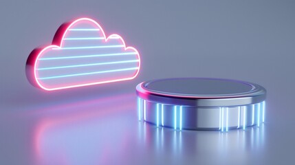 Poster - Futuristic cloud symbol and podium with neon lights, perfect for technology and digital concepts.