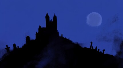 Stock illustration of a haunting gothic horror scene with a creepy mansion at full moon