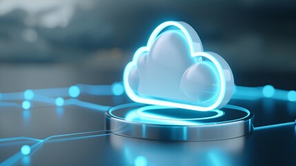 Poster - Futuristic cloud symbol illuminated with blue light, representing digital storage and connectivity in a modern tech environment.