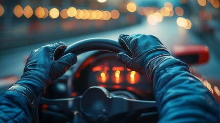 Wall Mural - Race driver holding steering wheel wearing black leather gloves