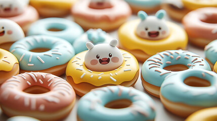 Sticker - A close-up of colorful glazed donuts with cute animal faces, including characters resembling bears and other animals, placed on top of the donuts.