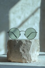 A pair of round, green-tinted sunglasses resting on a white rock.