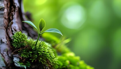 Wall Mural - Vibrant Green Leaves Emerging from Tree Bark, Showcasing Natures Resilience and Renewal Amidst Lush Moss and a Blurred Natural Background