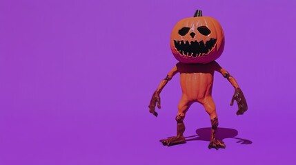 A spooky pumpkin head monster is pictured on a purple background in 3D form for Halloween