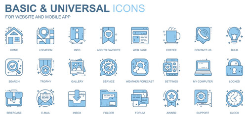 Poster - Basic and universal web icons set in duotone line design. Pack of home, location, info, add to favorite, webpage, coffee, contact, search, gallery, other outline stroke pictograms. Vector illustration
