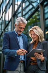 Two business people standing in front of an office building, looking at the tablet screen together and smiling. A man with gray hair wearing a blue suit is pointing to something on his digital device 